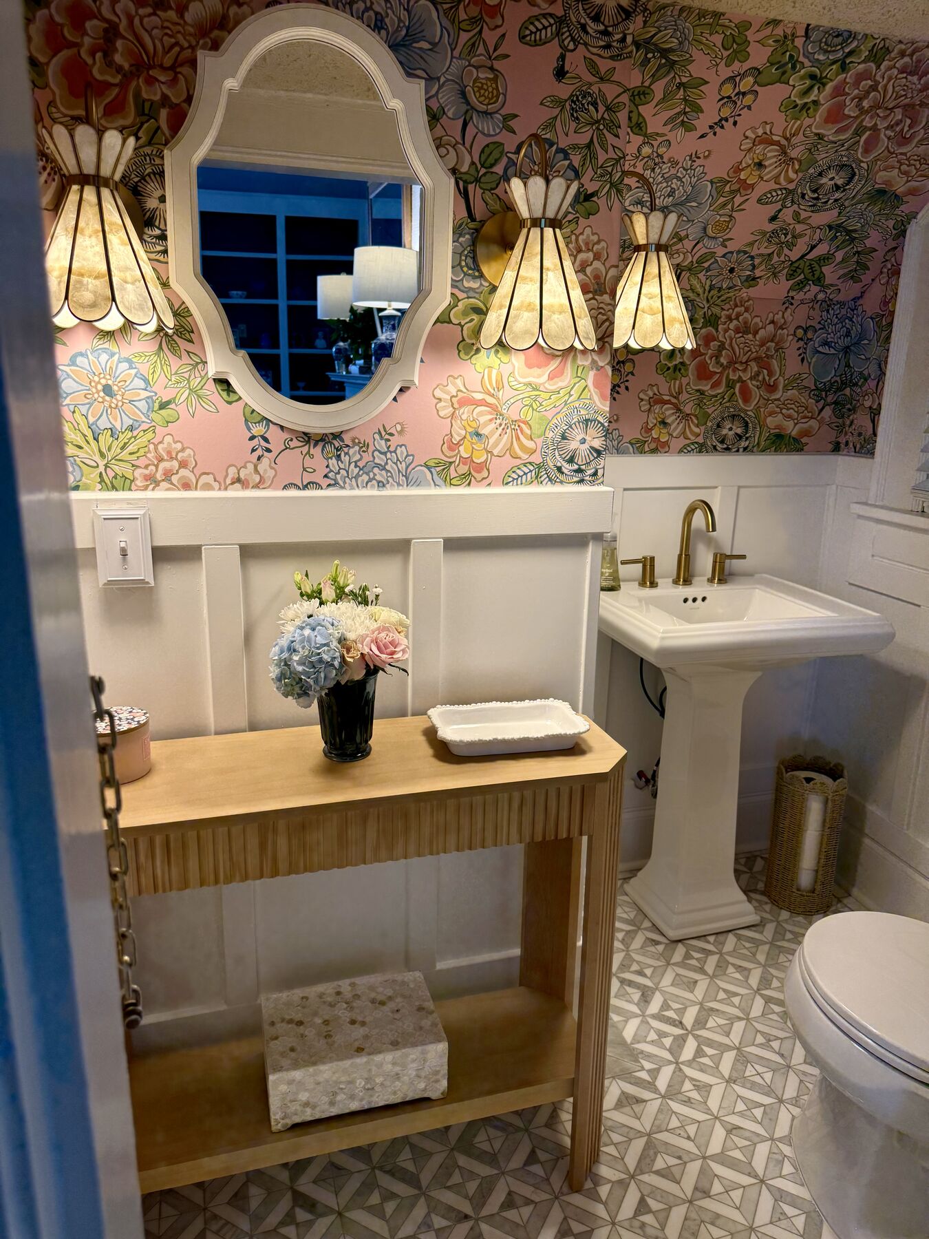 Pink floral powder room